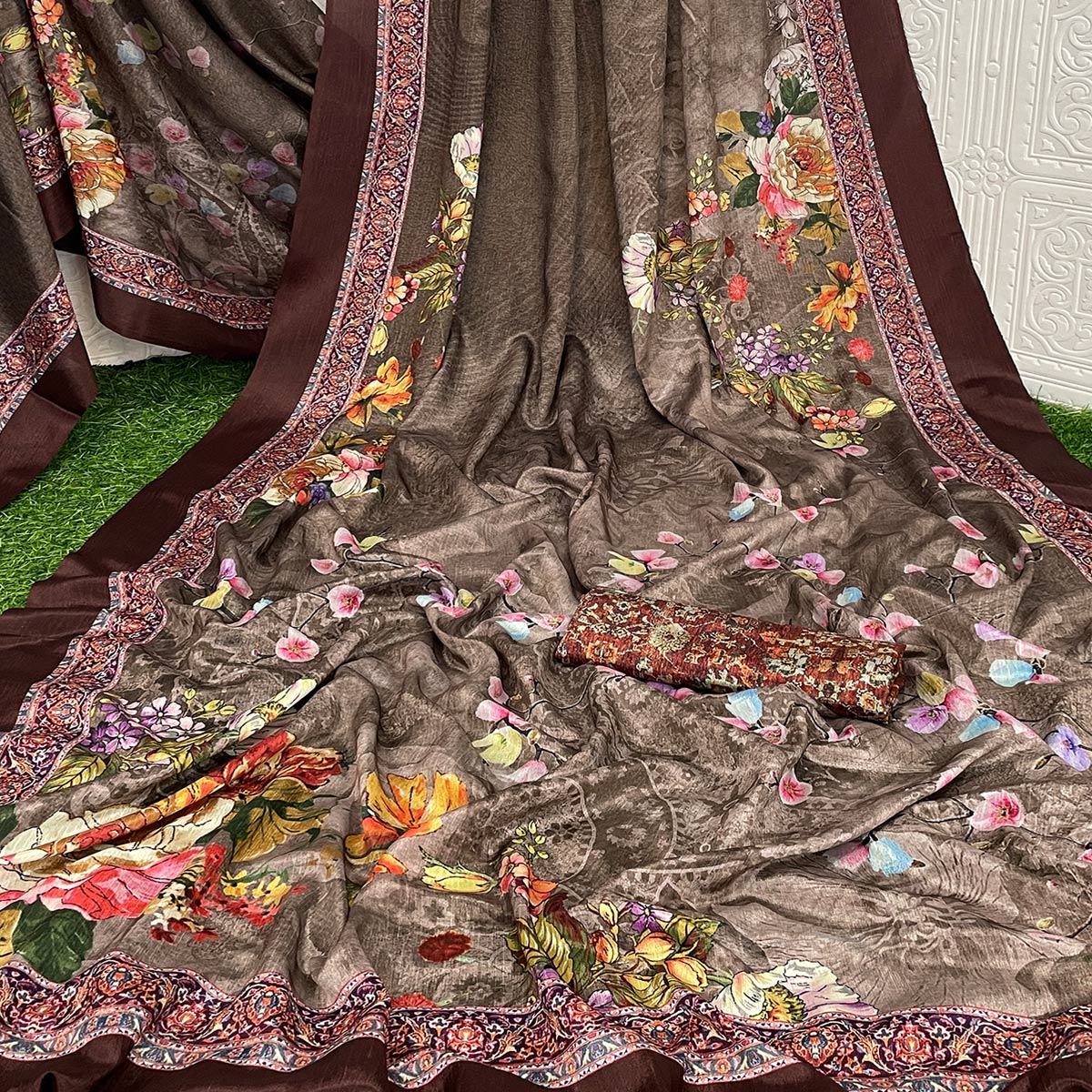 Brown Floral Digital Printed Chinon Silk Saree