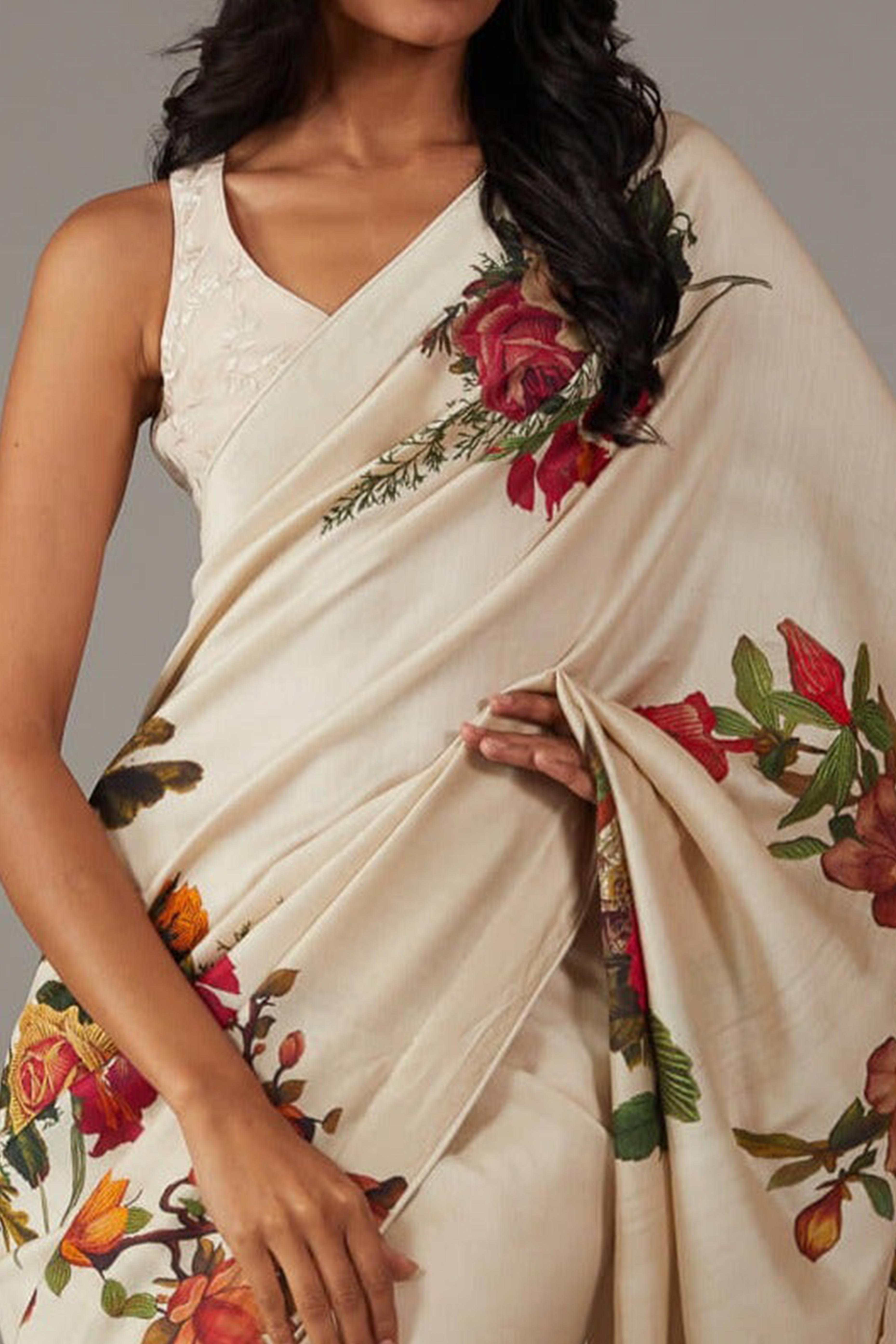 Off White Floral Printed Chiffon Saree