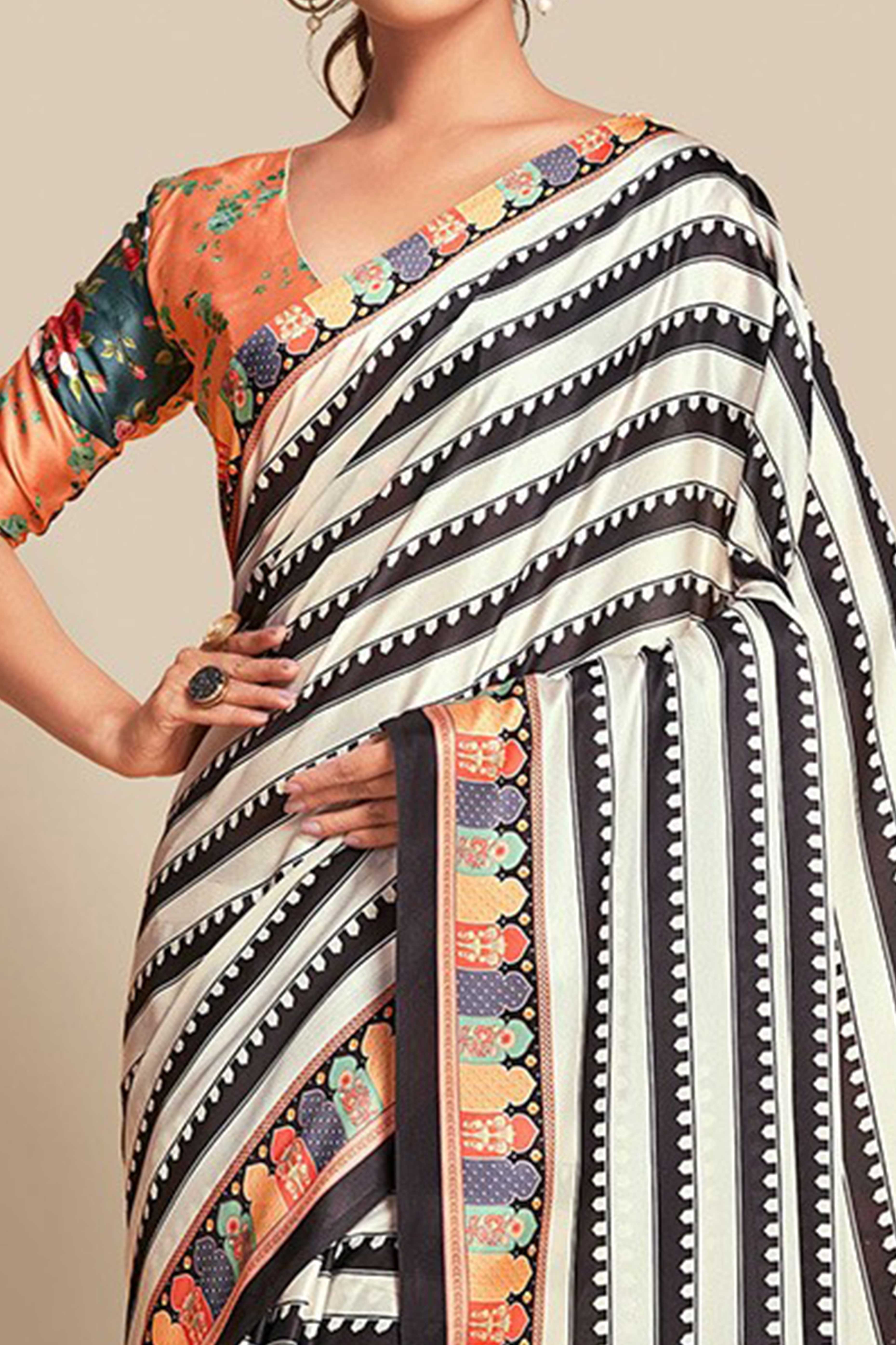 White Strips Printed Chiffon Saree