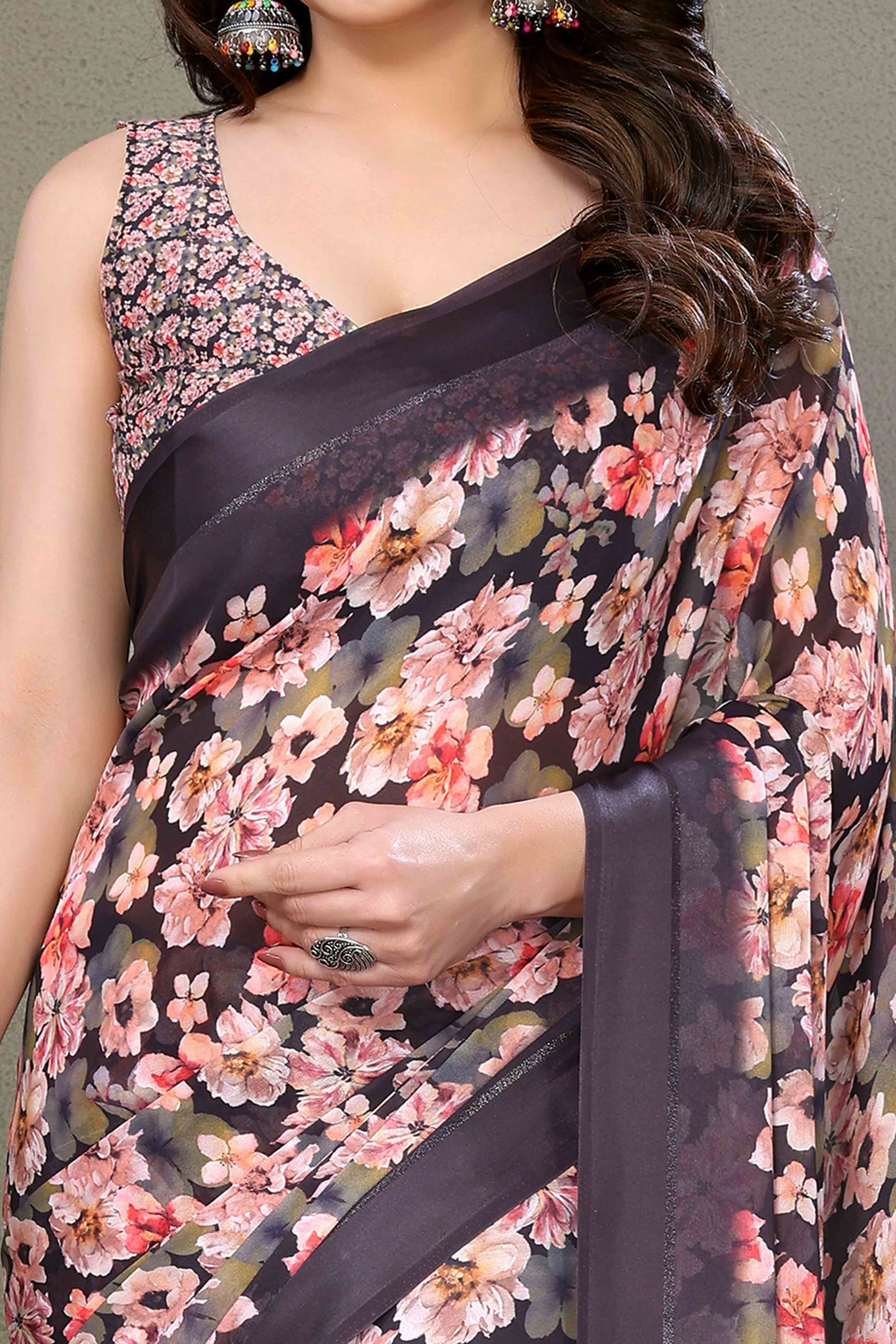 Brown Floral Printed Chiffon Saree