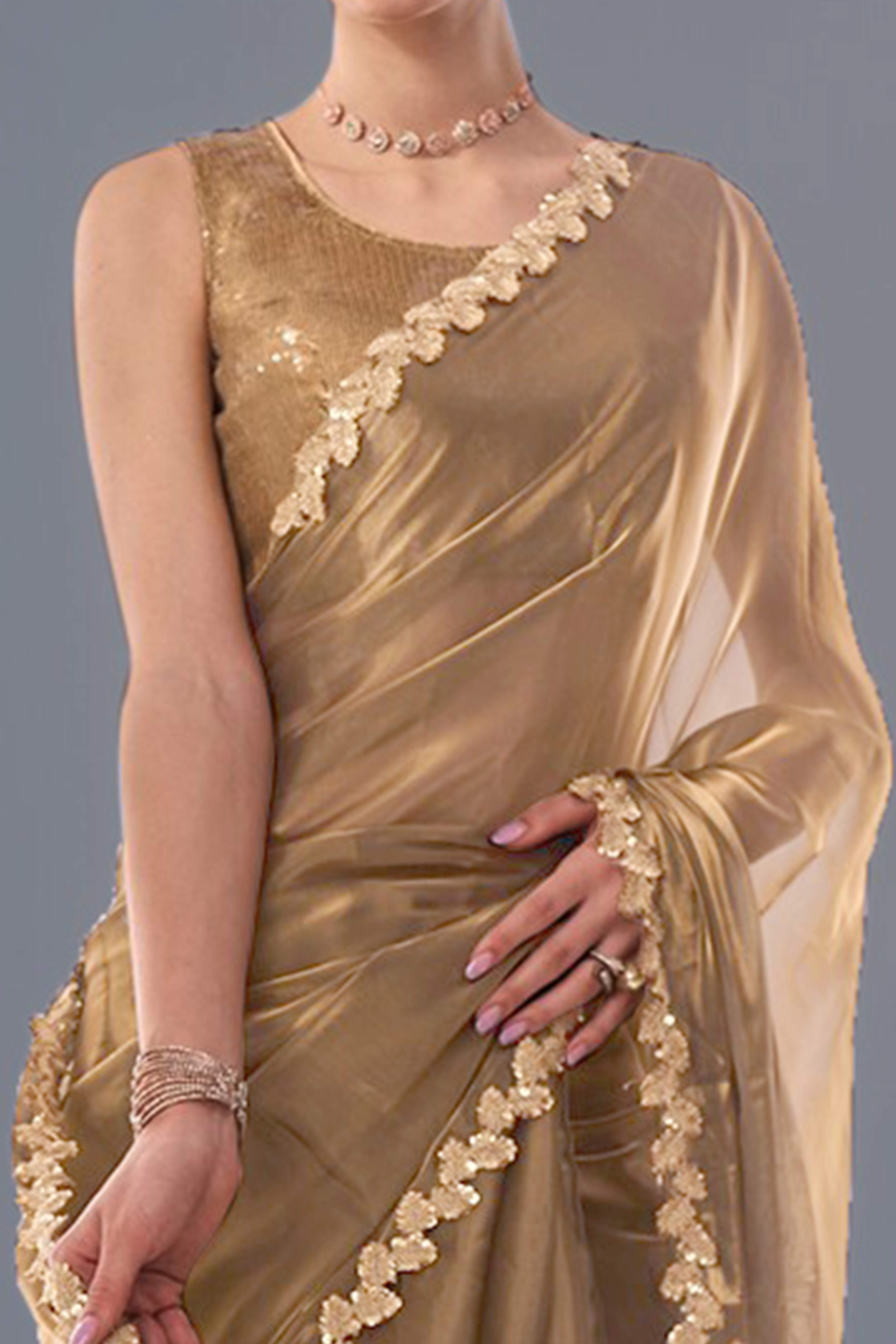 Golden Solid Tissue Jimmy Choo Saree With Sequins Embroidered Cut Work Lace