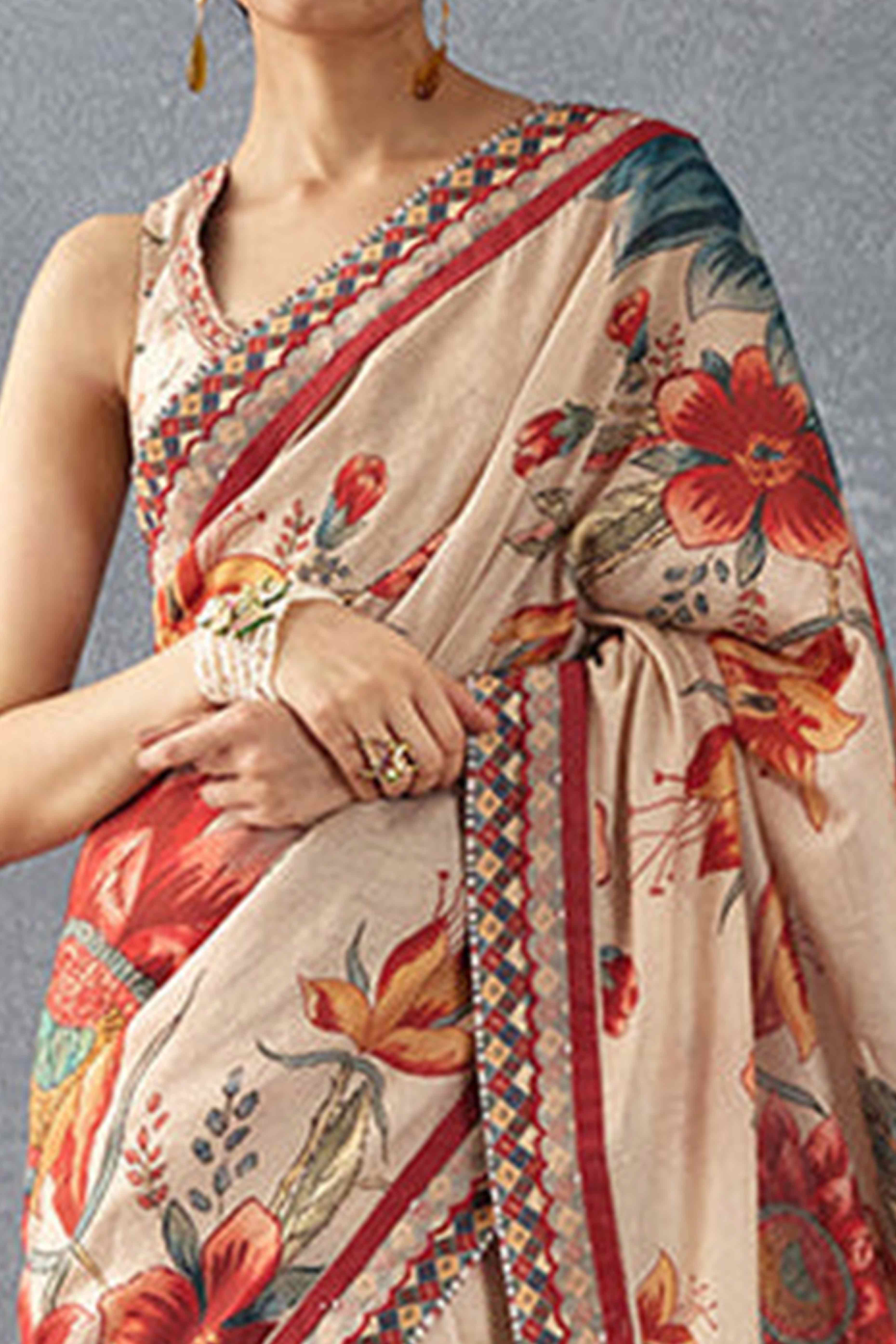 Beige Floral Printed Moss Chiffon Saree With Tassels