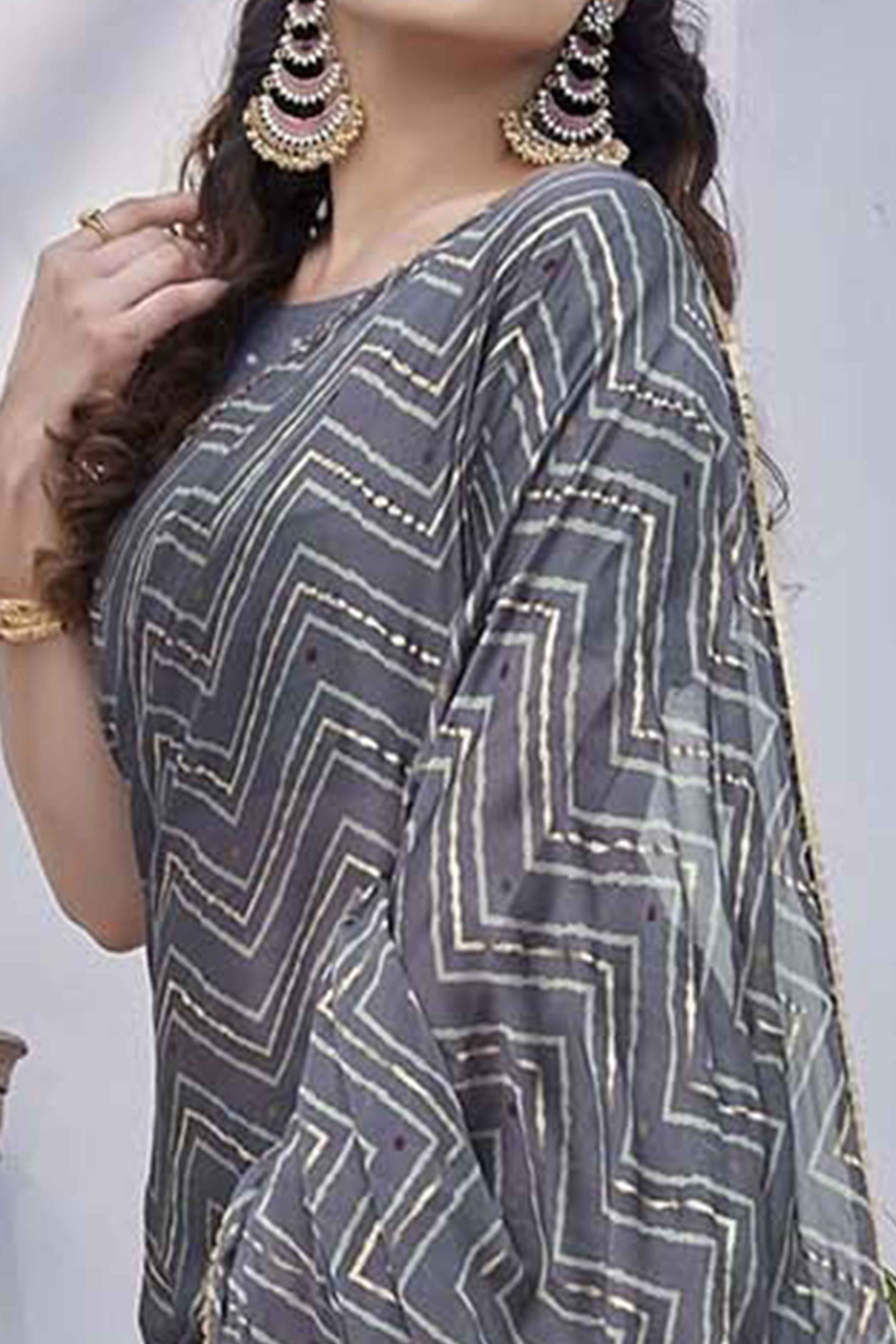 Grey Chiffon Saree With Zig-Zag Foil Print & Golden Lace Border
