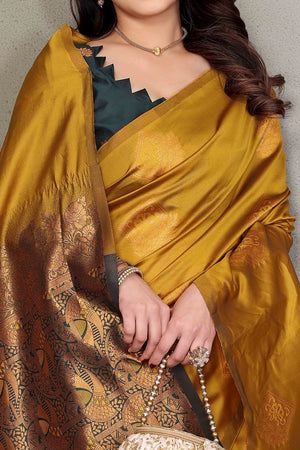 Mustard Banarasi Silk Saree With Exquisite Floral Zari Weaving