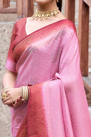 Light Pink Banarasi Silk Saree Featuring Elegant Floral Woven & Delicate Tassel Edging