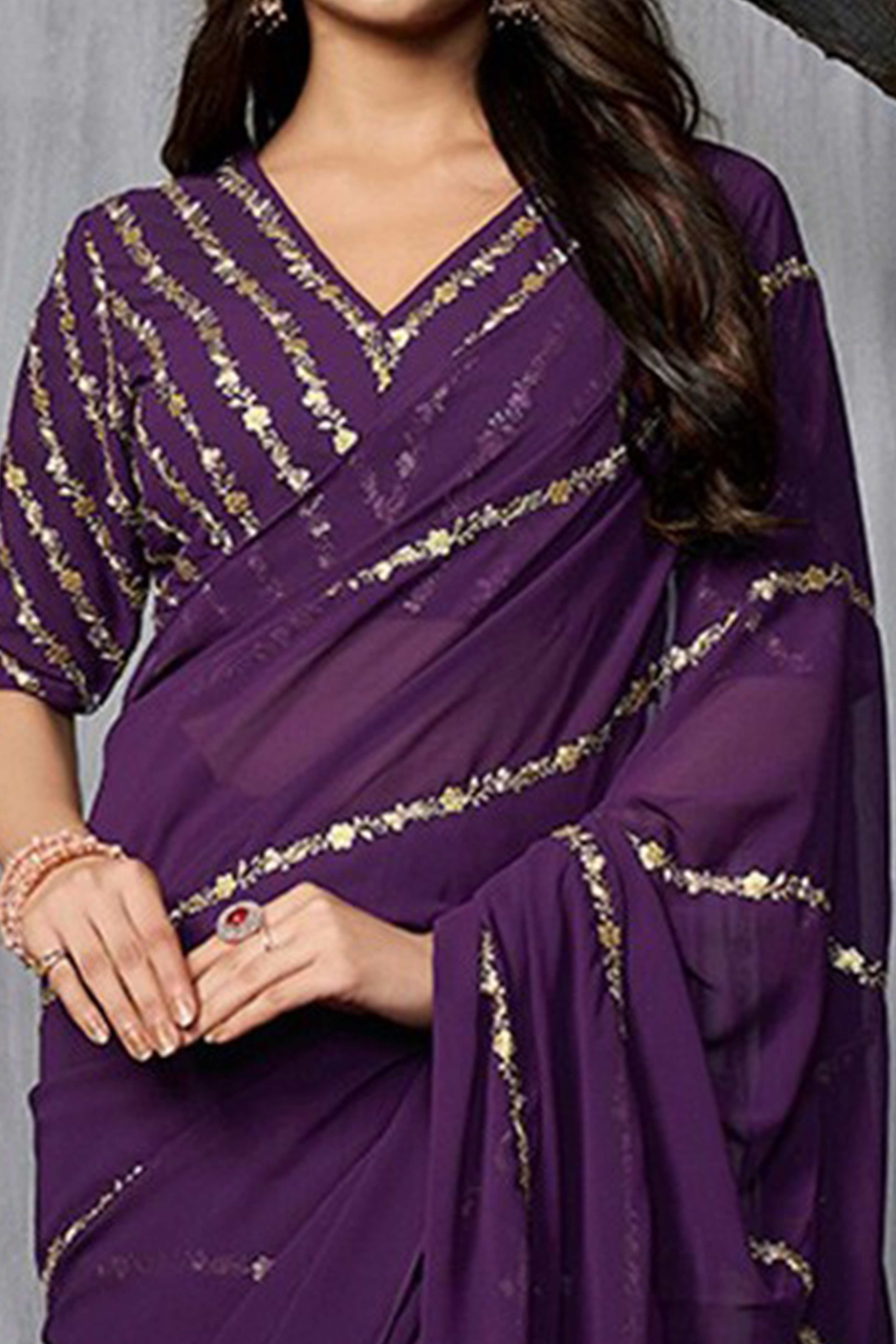 Elegant Purple Floral Georgette Saree Embellished With Fine Sequins Embroidery