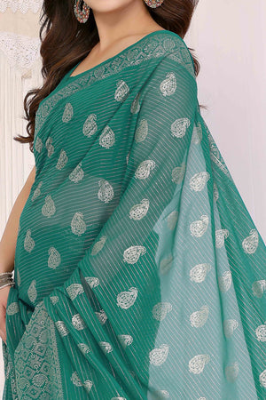 Rama Green Foil Printed Georgette Saree Enhanced With Delicate Lace Border & Elegant Tassel