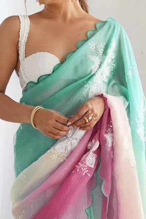Rama Green & Wine Ombre Silk Blend Saree Accentuated With Floral Sequins Embroidery