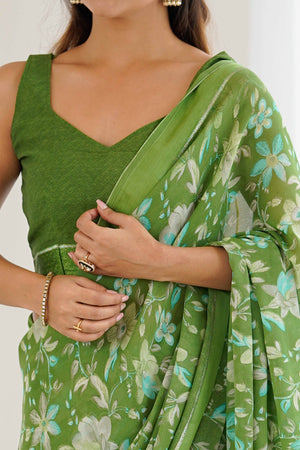 Green Moss Silk Blend Saree With Artistic Floral Digital Print & Stylish Tassel Pallu