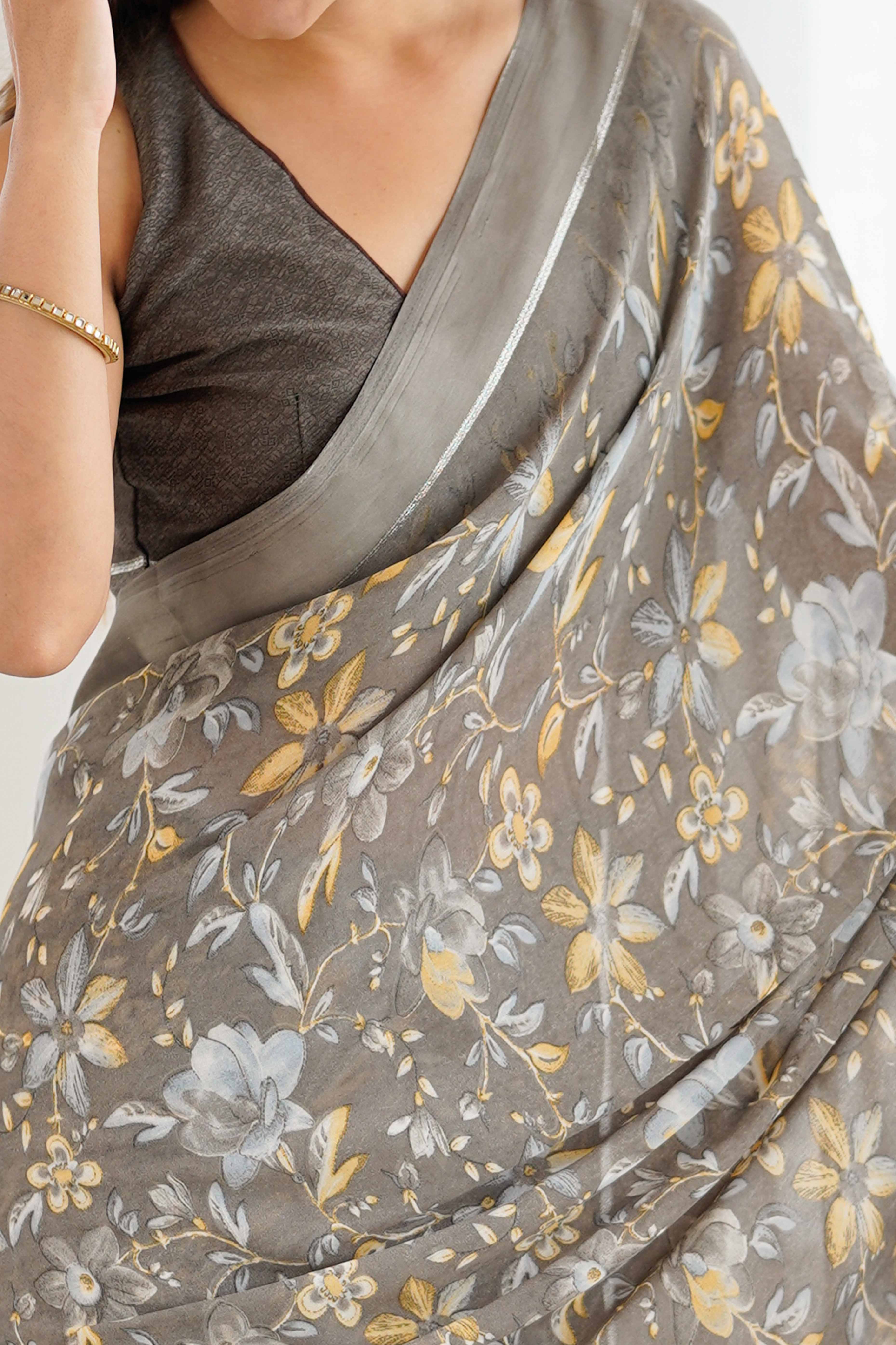 Grey Moss Silk Blend Saree With Artistic Floral Digital Print & Stylish Tassel Pallu