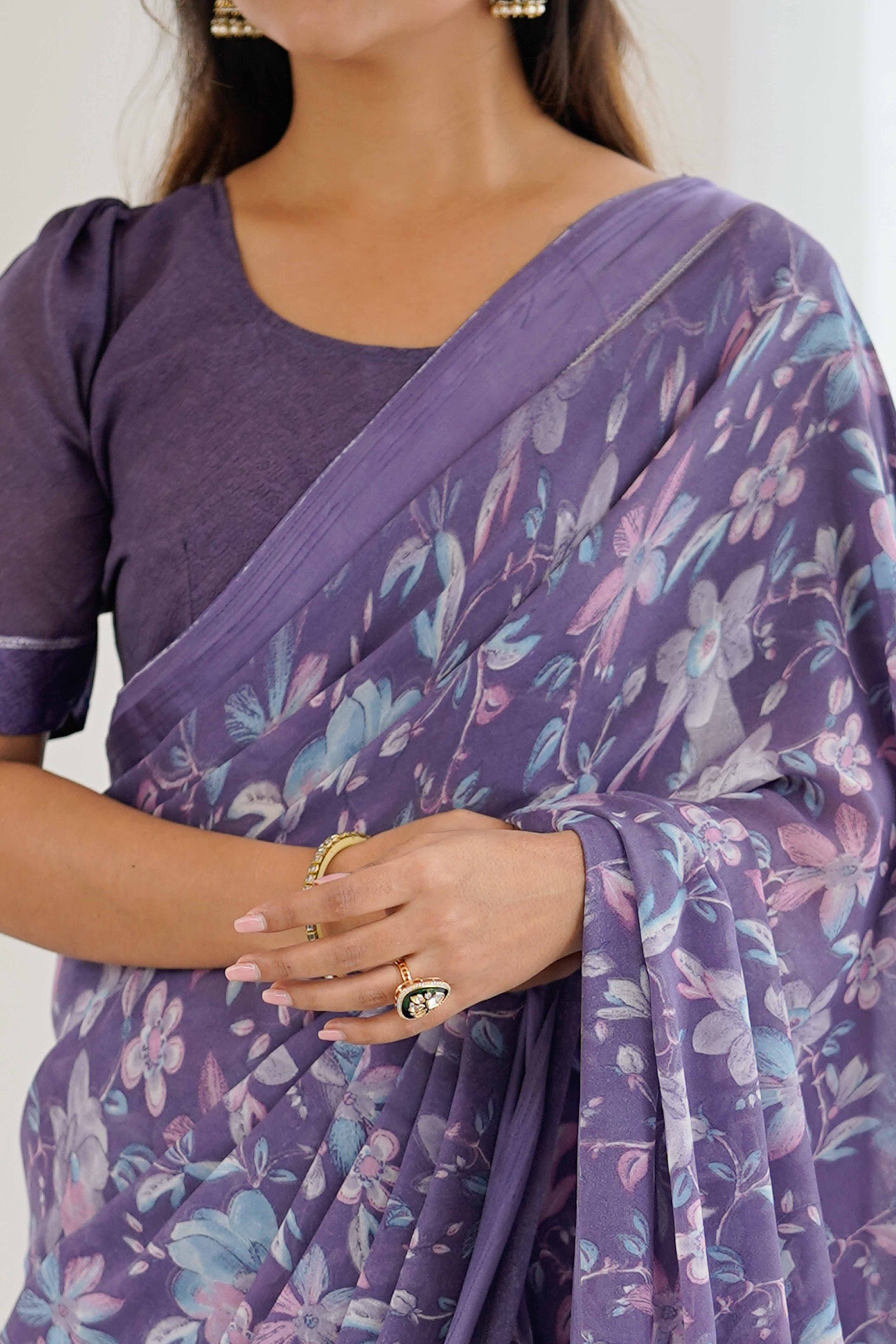 Lavender Moss Silk Blend Saree With Artistic Floral Digital Print & Stylish Tassel Pallu