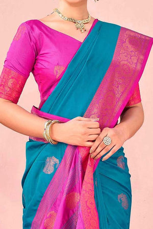 Blue Silk Blend Saree Adorned With Zari Woven Floral & Paisley Design