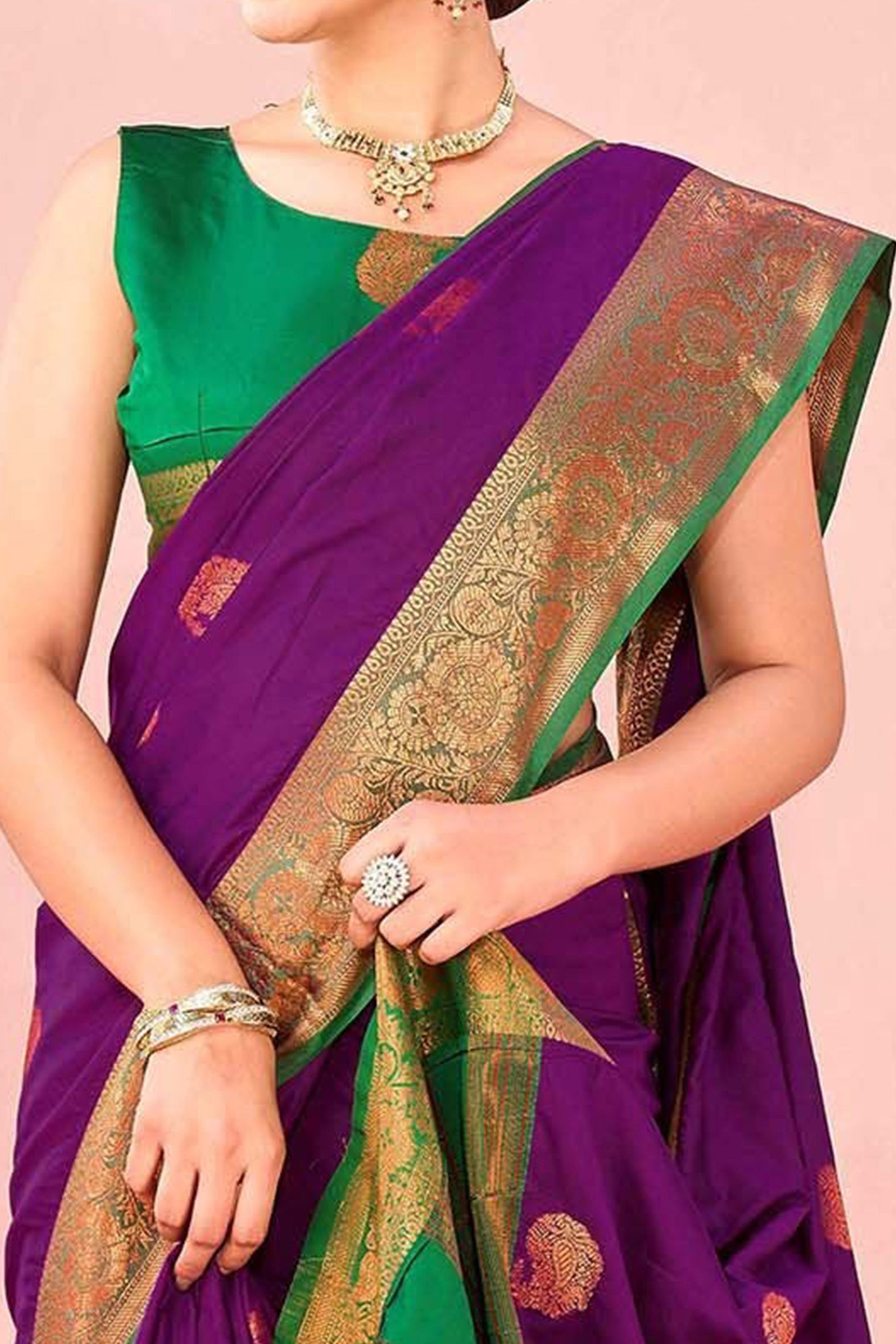 Purple Silk Blend Saree Adorned With Zari Woven Floral & Paisley Design