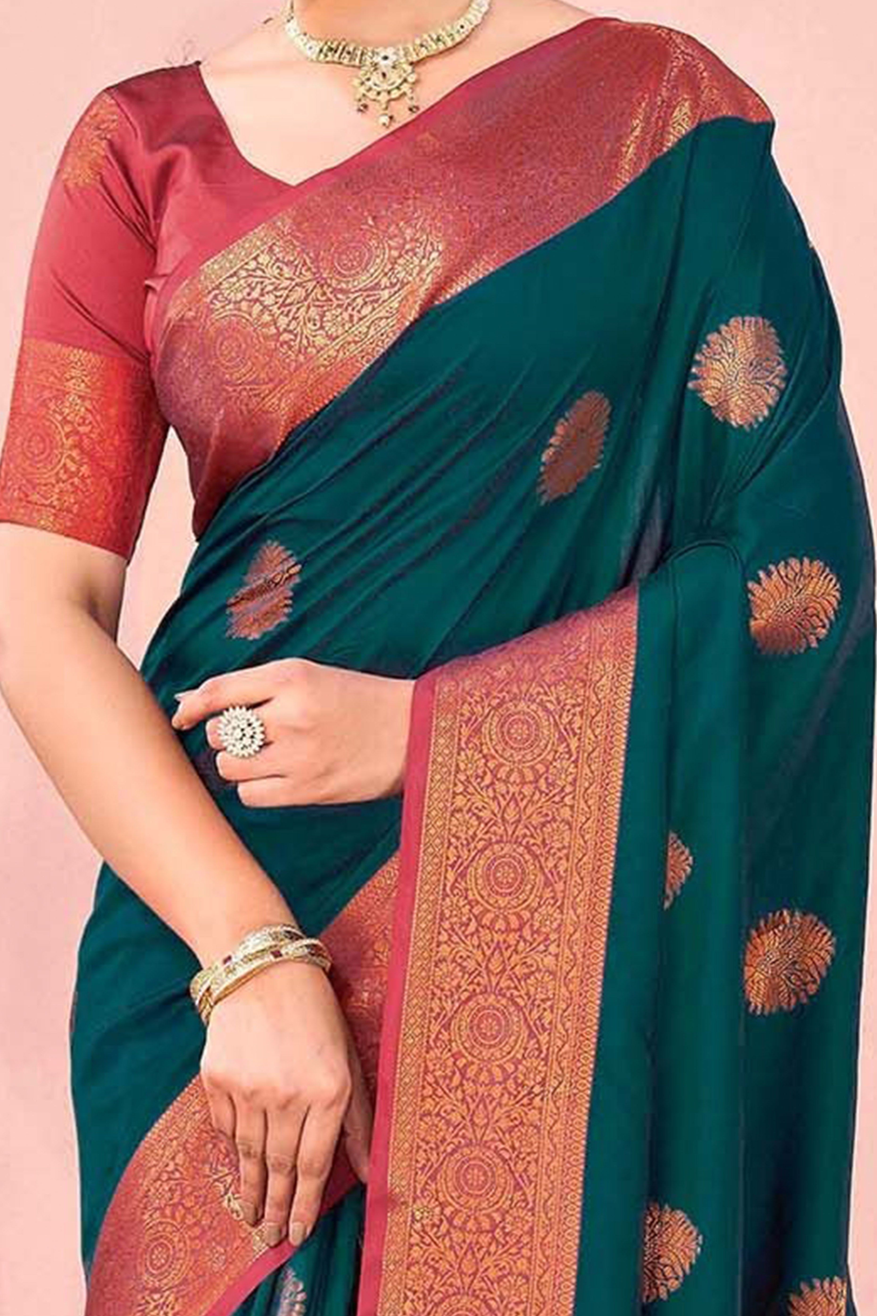 Rama Green Silk Blend Saree Adorned With Zari Woven Floral & Paisley Design