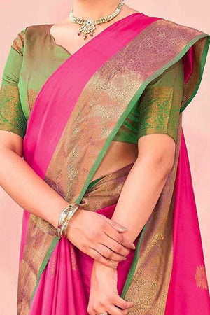 Rani Pink Silk Blend Saree Adorned With Zari Woven Floral & Paisley Design
