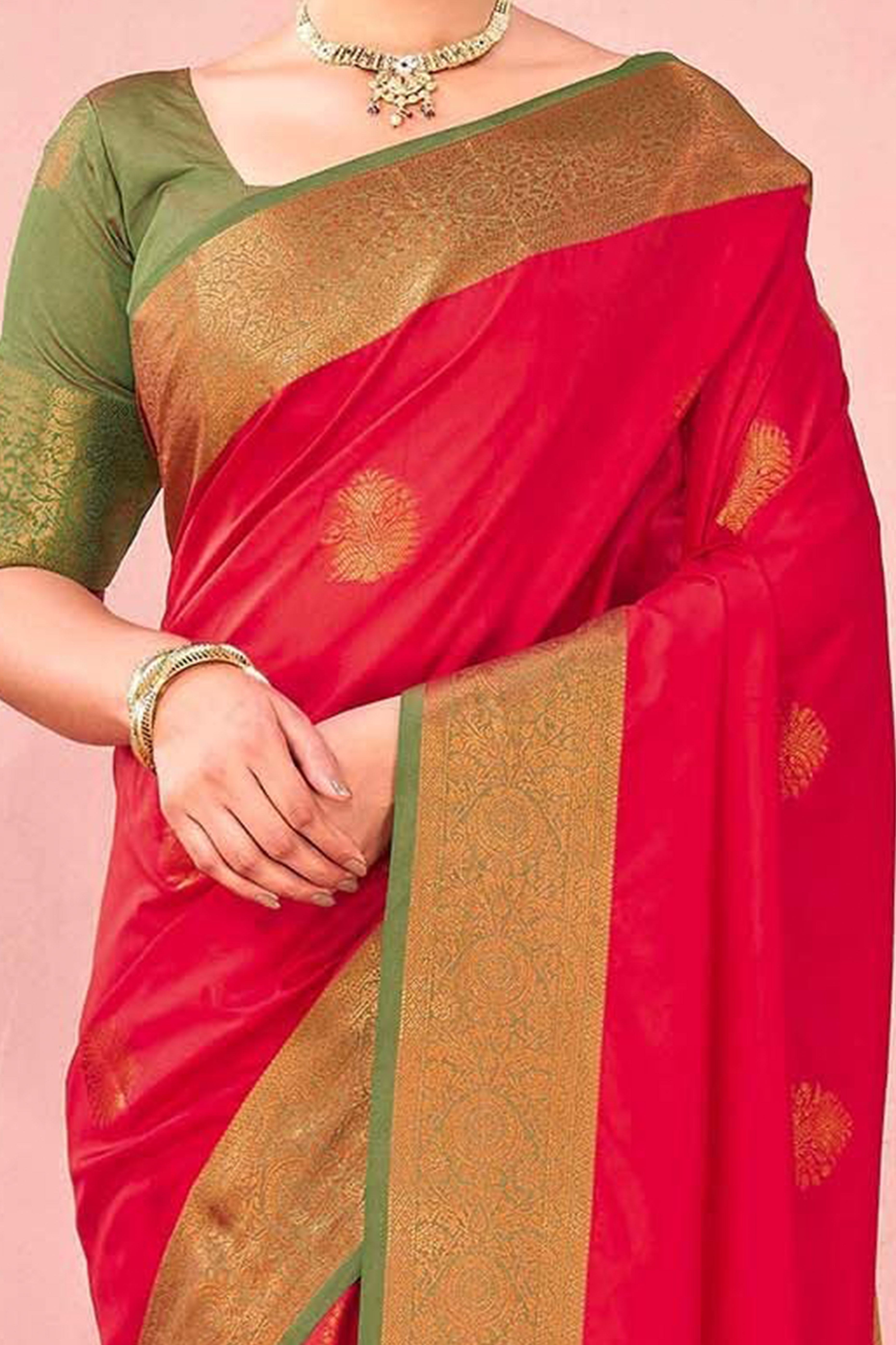 Red Silk Blend Saree Adorned With Zari Woven Floral & Paisley Design