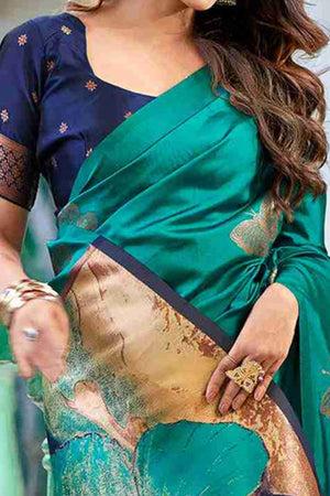 Charming Teal Banarasi Silk Saree Highlighted With Butterfly Motif Zari Work