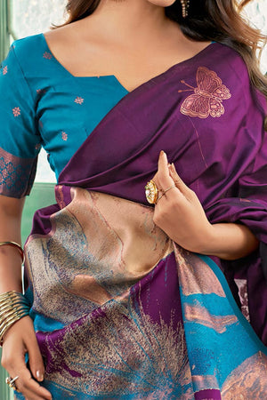 Charming Wine Banarasi Silk Saree Highlighted With Butterfly Motif Zari Work