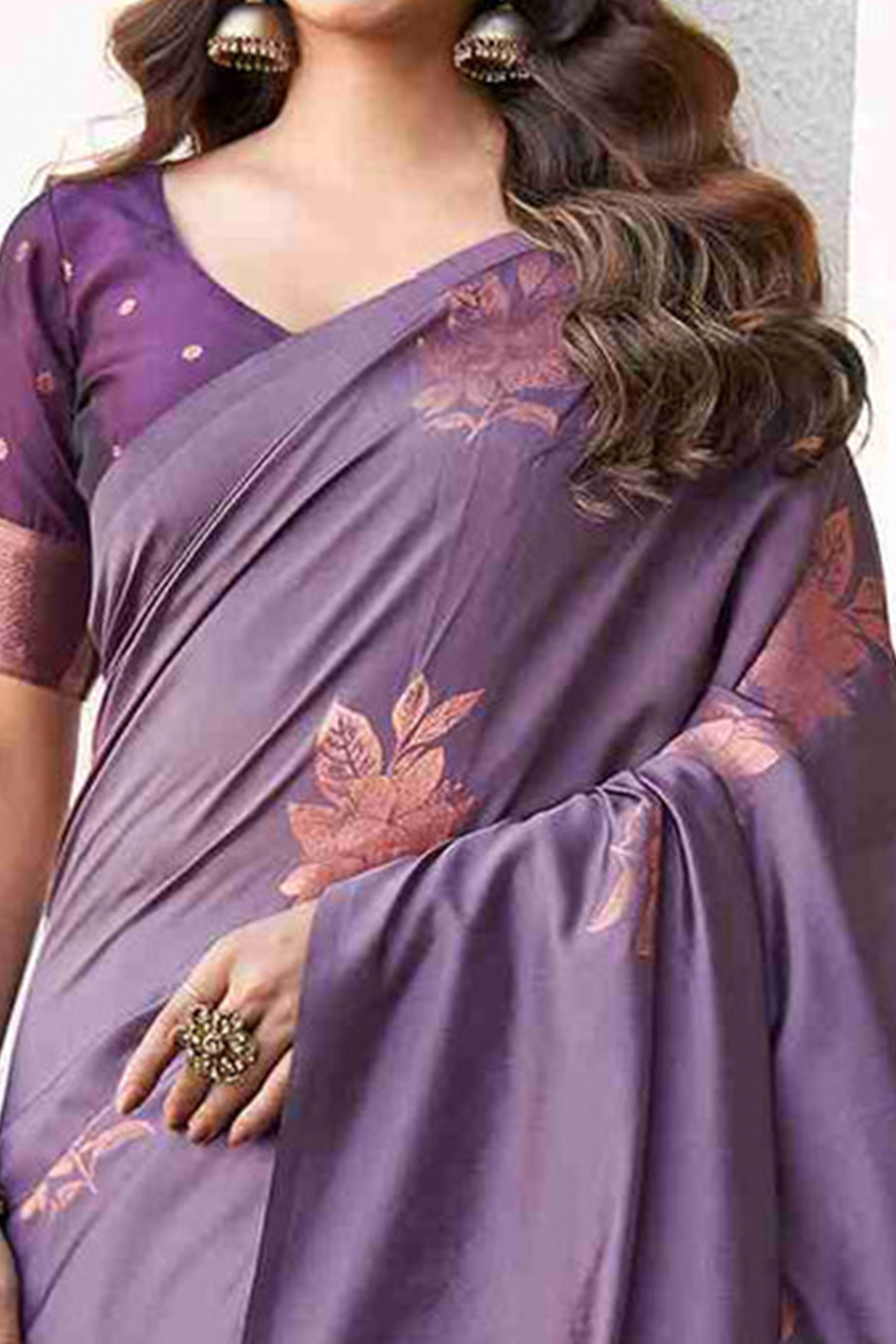 Charming Purple Banarasi Silk Saree Highlighted With Floral Motif Zari Work