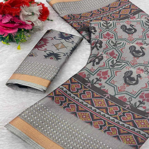Gorgeous Grey Silk Blend Saree with Digital Patola Patterns for Timeless Ethnic Appeal