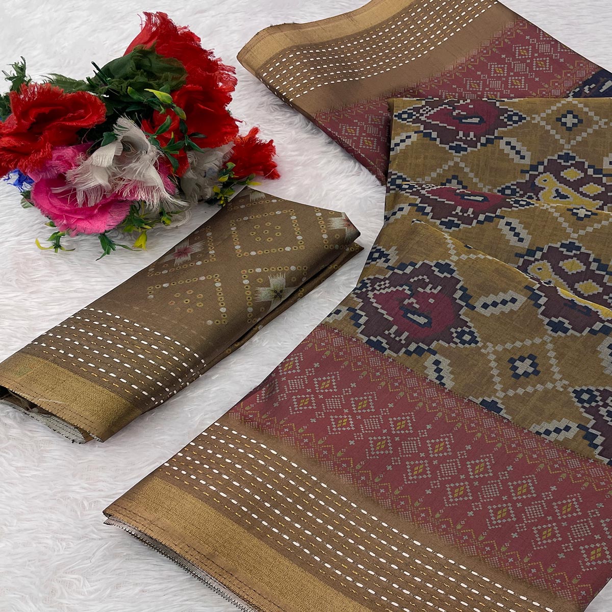 Gorgeous Mustard Silk Blend Saree with Digital Patola Patterns for Timeless Ethnic Appeal