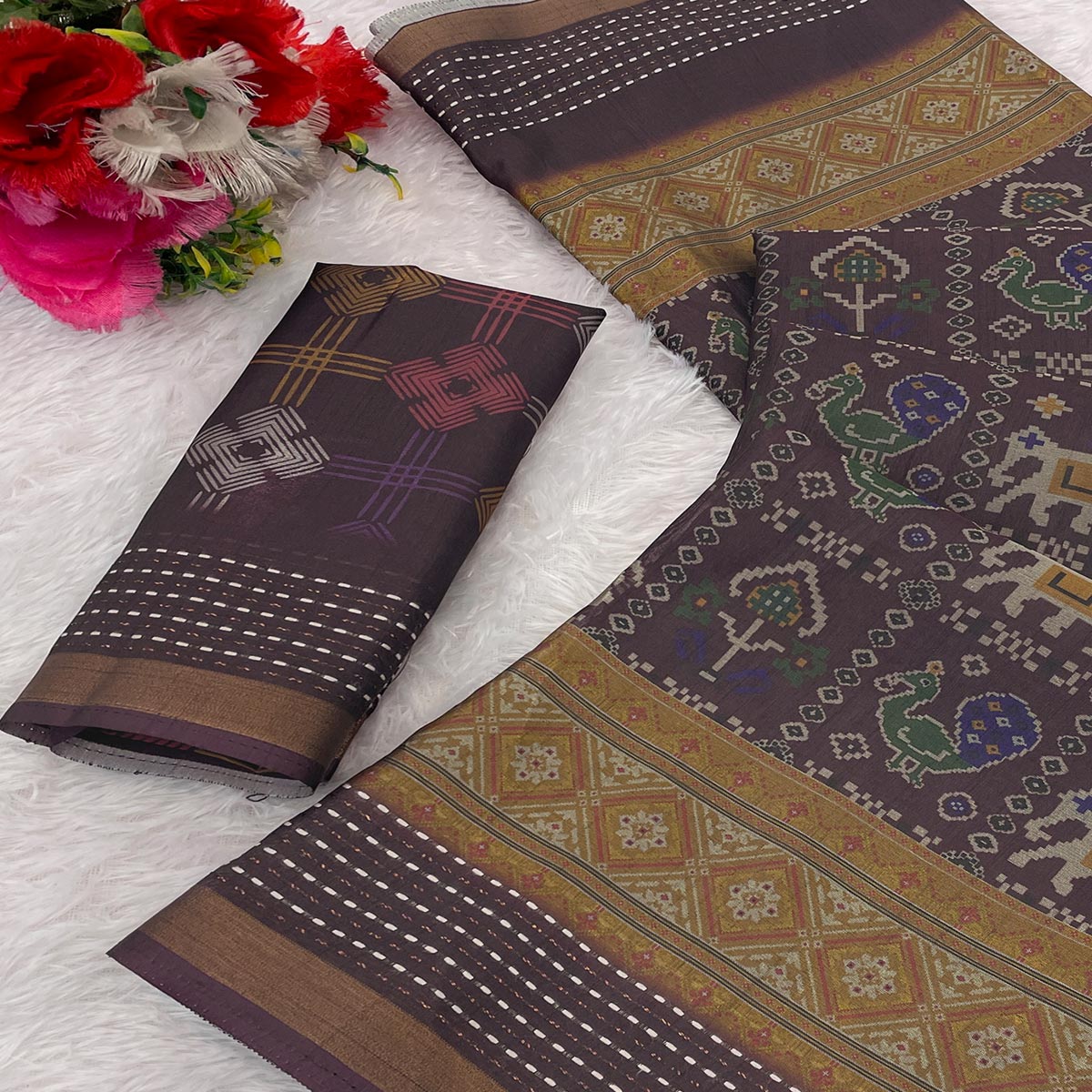 Gorgeous Wine Silk Blend Saree with Digital Patola Patterns for Timeless Ethnic Appeal