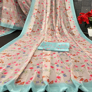 Beige Bloom Floral Digital Printed Georgette Saree Accentuated With Graceful Zari Stripes