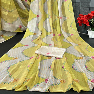 Lemon Yellow Bloom Floral Digital Printed Georgette Saree Accentuated With Graceful Zari Stripes