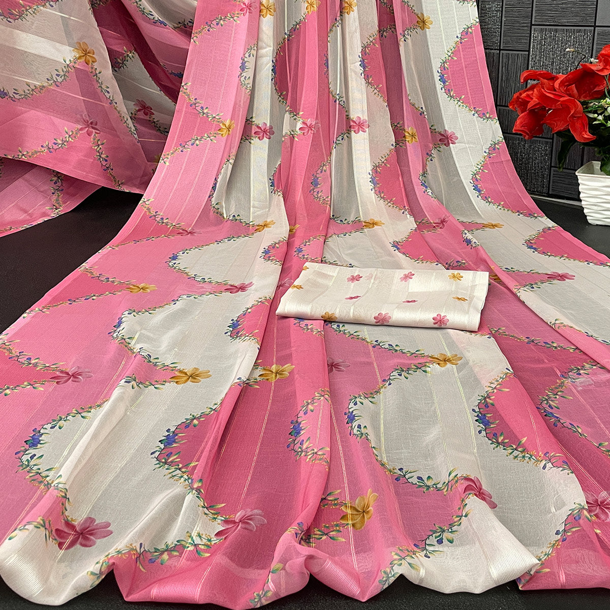 Pink Bloom Floral Digital Printed Georgette Saree Accentuated With Graceful Zari Stripes