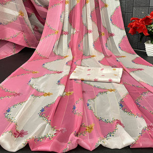 Pink Bloom Floral Digital Printed Georgette Saree Accentuated With Graceful Zari Stripes