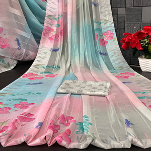 Multicolor Bloom Floral Digital Printed Georgette Saree Accentuated With Graceful Zari Stripes