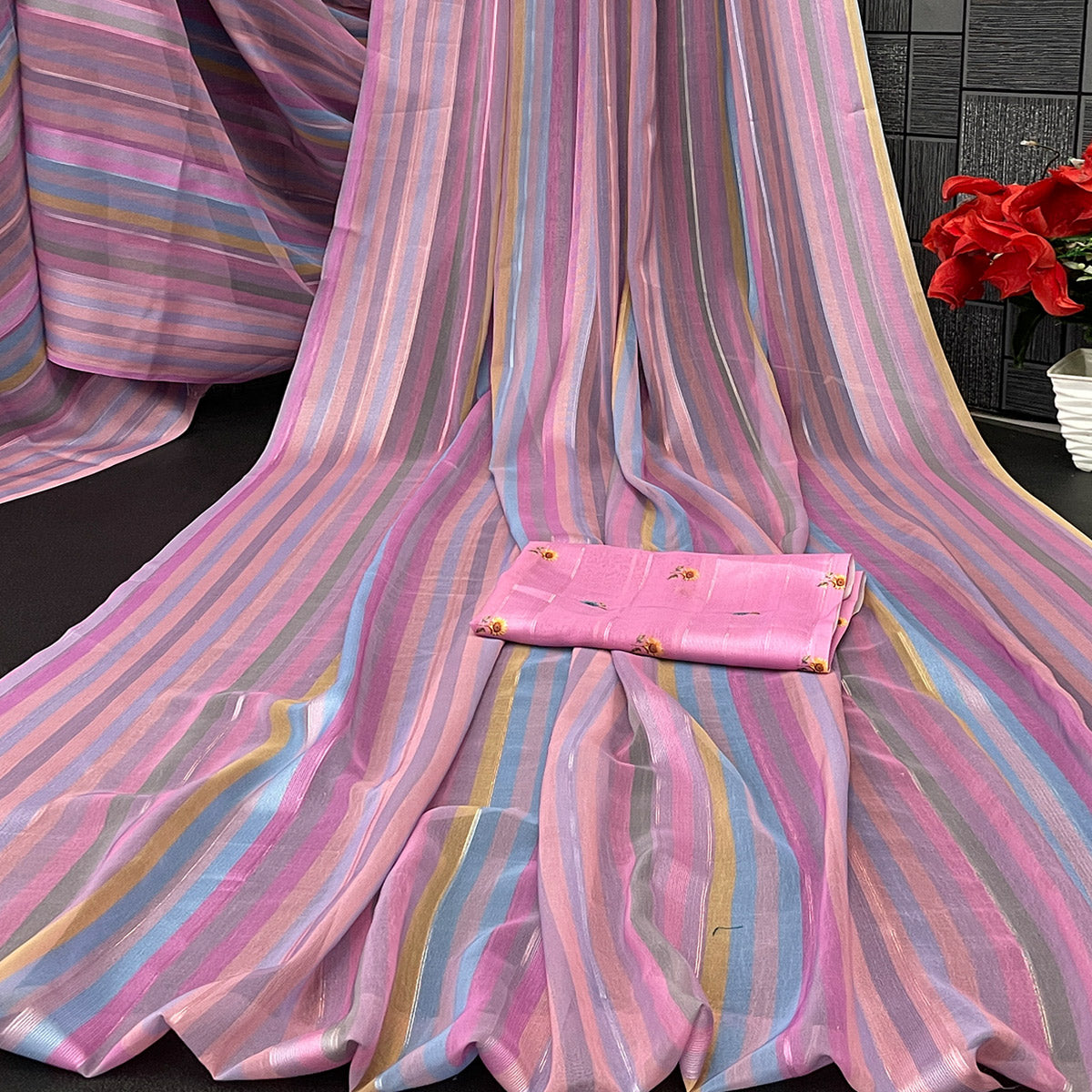 Pink Bloom Floral Digital Printed Georgette Saree Accentuated With Graceful Zari Stripes