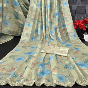 Pista Green Bloom Floral Digital Printed Georgette Saree Accentuated With Graceful Zari Stripes