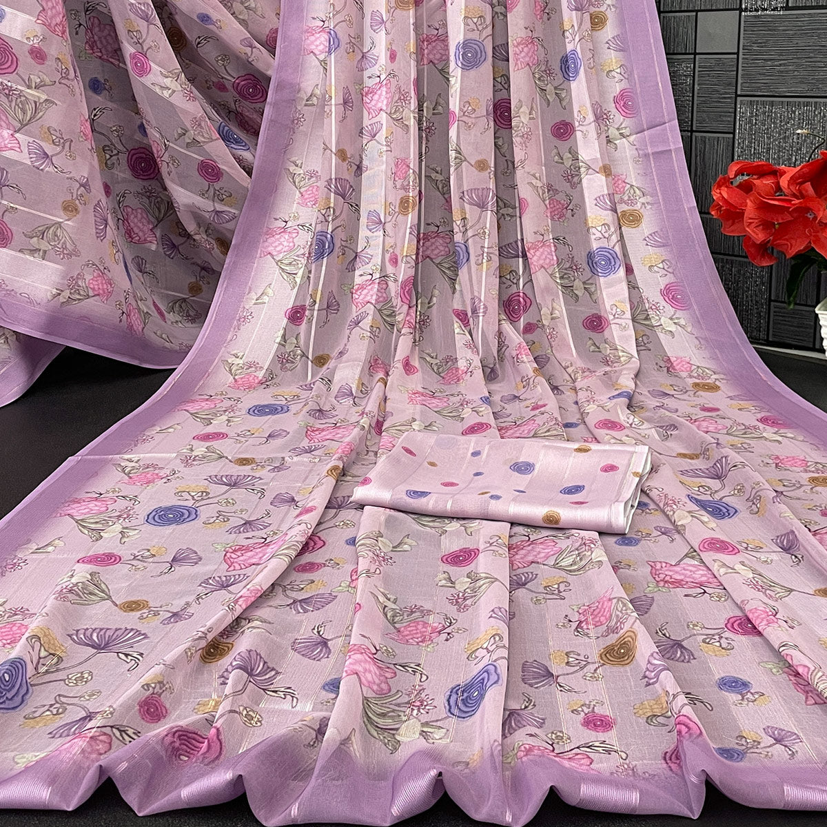 Purple Bloom Floral Digital Printed Georgette Saree Accentuated With Graceful Zari Stripes