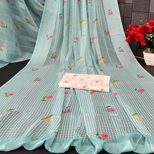 Elegant Sky Blue Floral Digital Printed Georgette Saree With Subtle Detailing