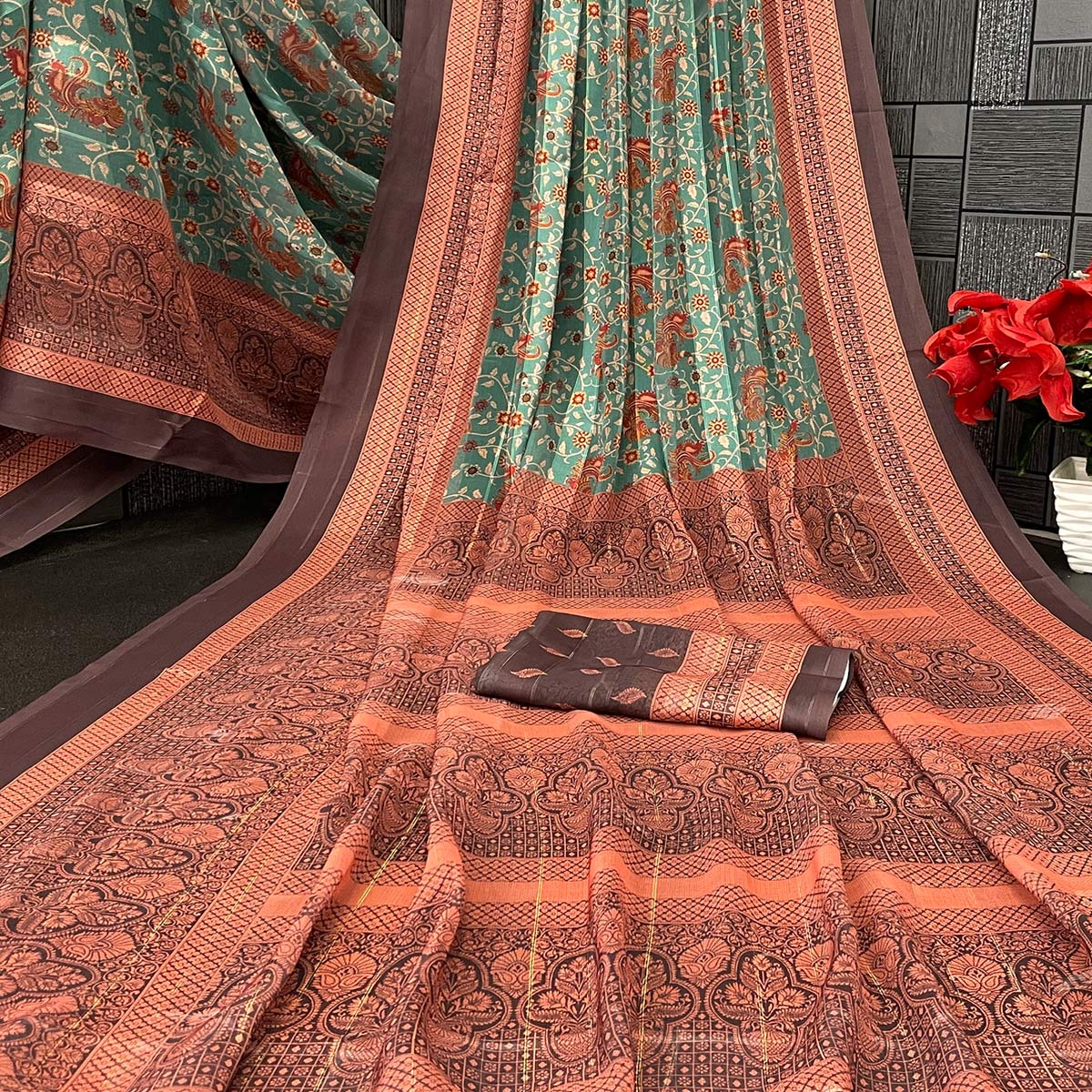 Elegant Green & Brown Floral Digital Printed Georgette Saree Adorned With Subtle Zari Stripes