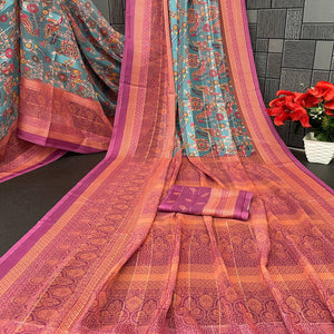 Elegant Rama Blue & Magenta Floral Digital Printed Georgette Saree Adorned With Subtle Zari Stripes