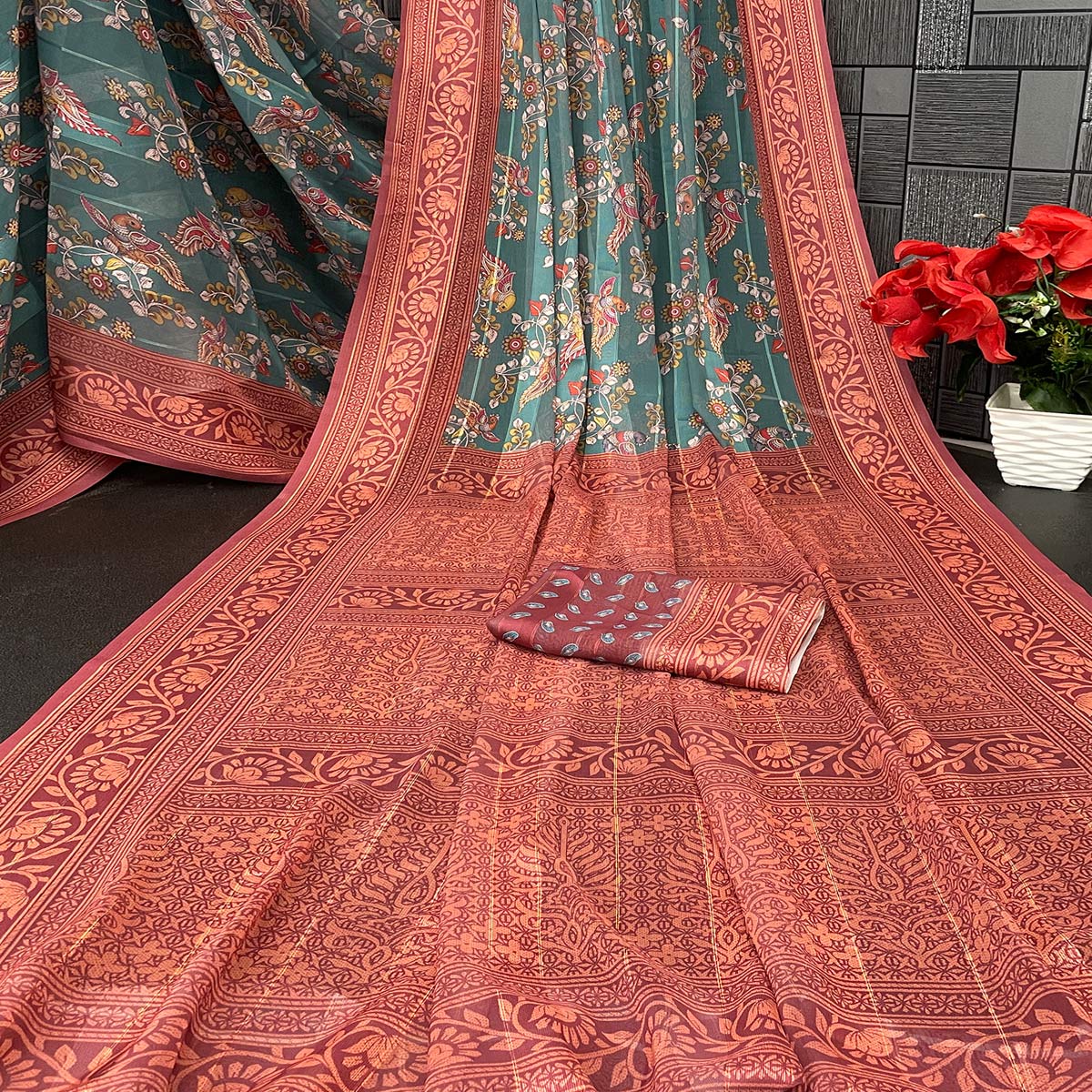Elegant Rama Green & Maroon Floral Digital Printed Georgette Saree Adorned With Subtle Zari Stripes