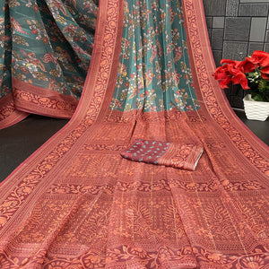 Elegant Rama Green & Maroon Floral Digital Printed Georgette Saree Adorned With Subtle Zari Stripes