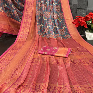 Elegant Grey & Pink Floral Digital Printed Georgette Saree Adorned With Subtle Zari Stripes