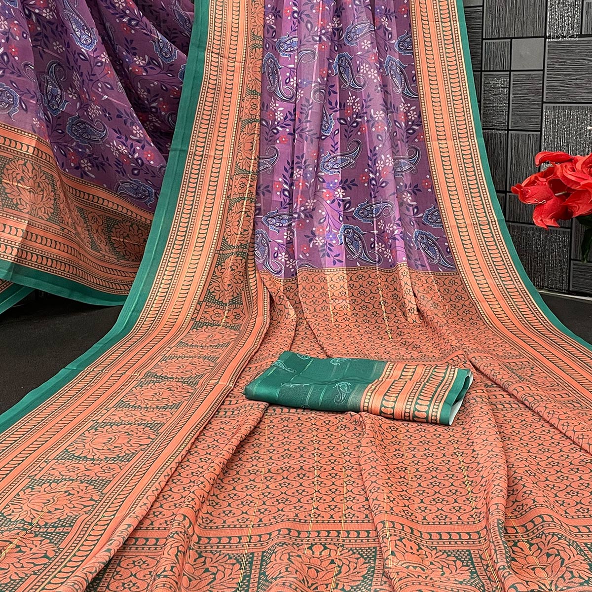 Elegant Violet & Green Floral Digital Printed Georgette Saree Adorned With Subtle Zari Stripes