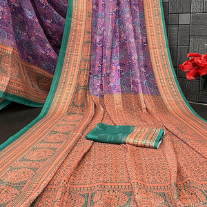 Elegant Violet & Green Floral Digital Printed Georgette Saree Adorned With Subtle Zari Stripes