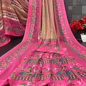 Charming Pink & Yellow Floral Digital Printed Georgette Saree Accentuated With Zari Stripes