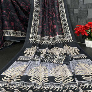 Charming Black Digital Printed Georgette Saree Accentuated With Zari Stripes