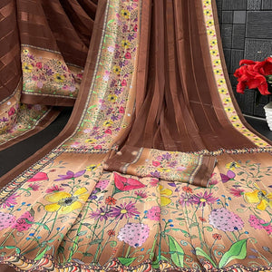 Charming Brown Floral Digital Printed Georgette Saree Accentuated With Zari Stripes