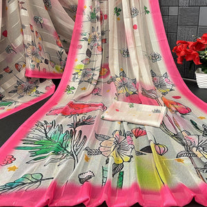 Charming Offwhite & Pink Floral Digital Printed Georgette Saree Accentuated With Zari Stripes