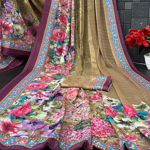 Charming Mehendi & Green Floral Digital Printed Georgette Saree Accentuated With Zari Stripes