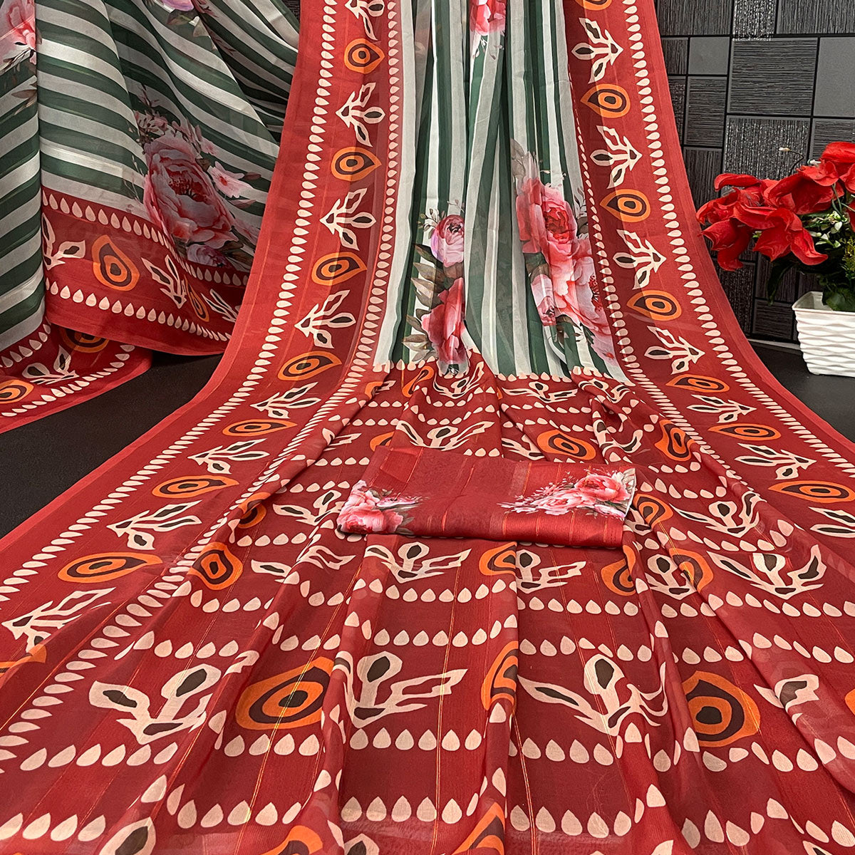 Charming Mehendi Green & Rust Striped Digital Printed Georgette Saree Accentuated With Zari Stripes