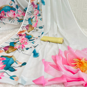 White Sparkle Star Georgette Saree Adorned With Floral Digital Prints