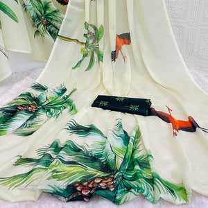 Cream Sparkle Star Georgette Saree Adorned With Tree & Bird Digital Prints